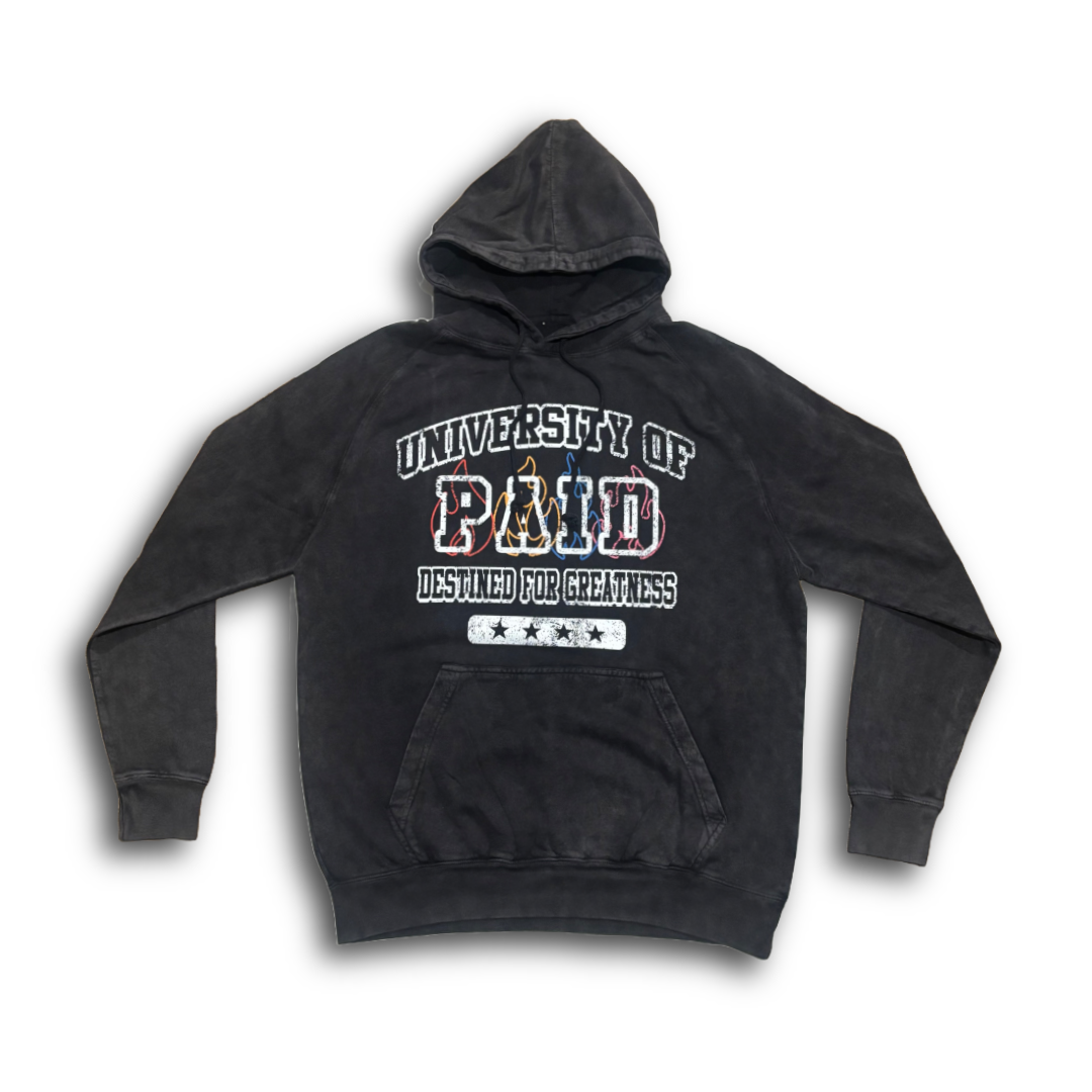 "UNIVERSITY OF PAID" ACID WASH HOODIE